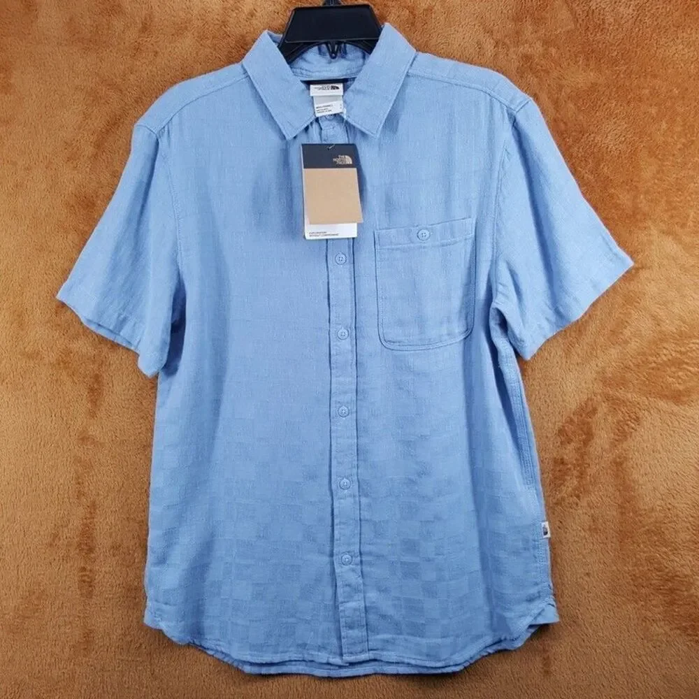 THE NORTH FACE Shirt Mens Medium Blue Button Up Cotton Hemp LOGHILL JACQUARD
